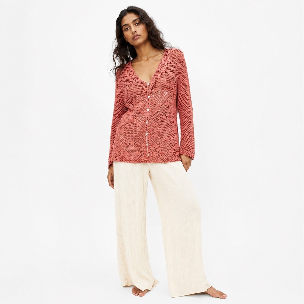 Women Crochet Cardigan Coverup Pink M Boho Cottagecore Fairy Boho Beachy Coastal